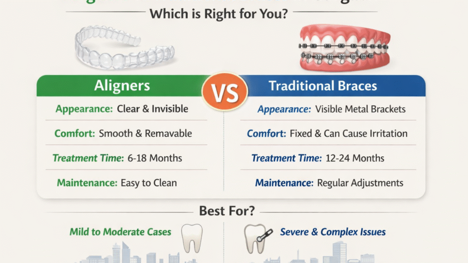 Aligners vs Traditional braces. Restore Dental Gurgaon.